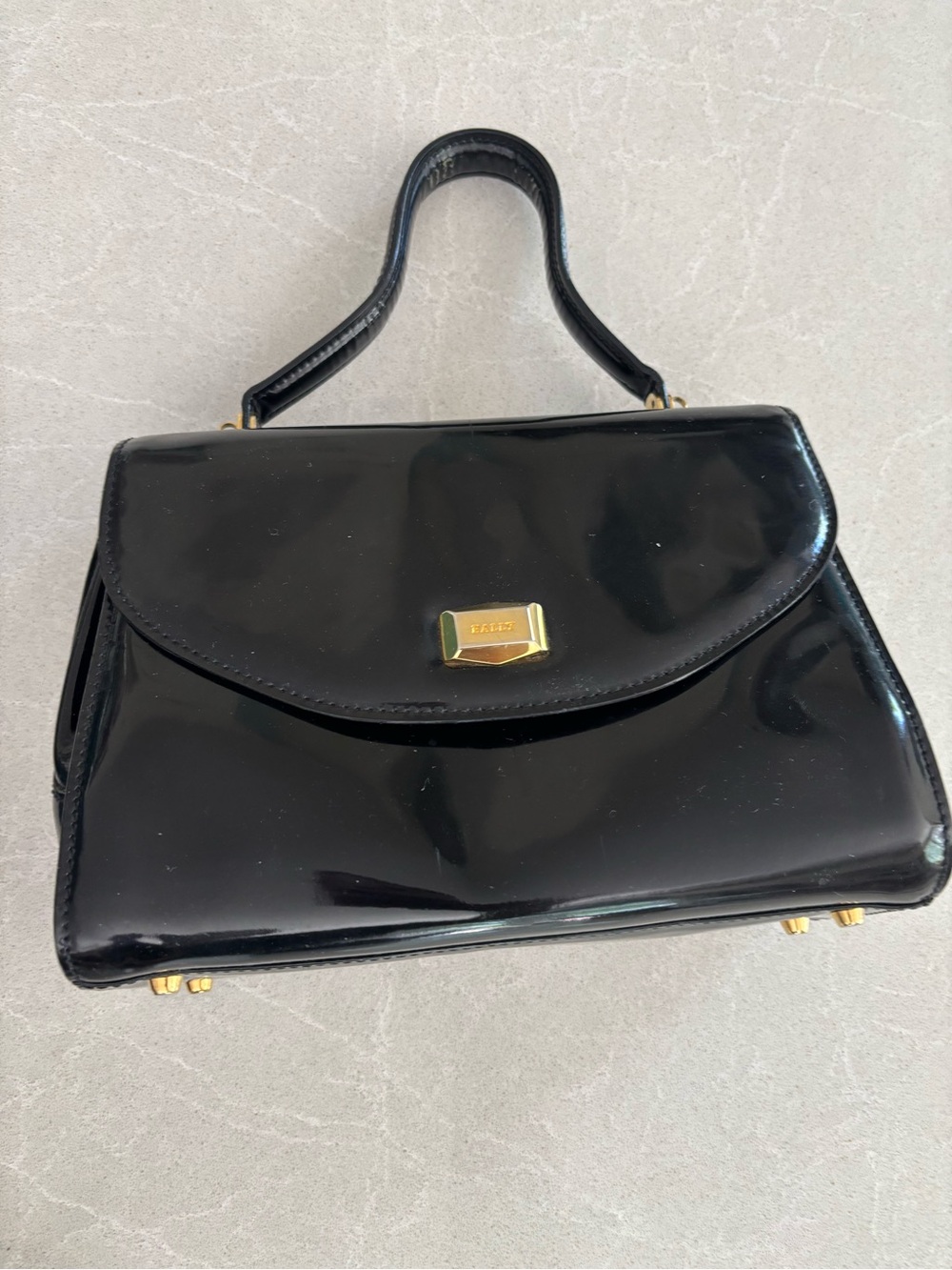 VINTAGE BALLY Black Patent Leather Top Handle Bag Clutch Gold Clasp Luxury